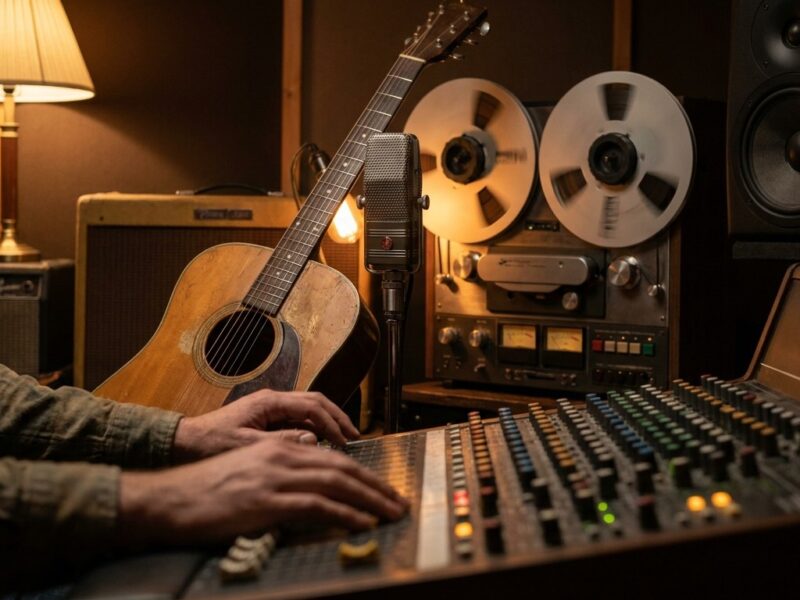 Tonstudio mit Akustikgitarre, Bandmaschine, Mikrofon und Händen am Mischpult im warmen Licht.