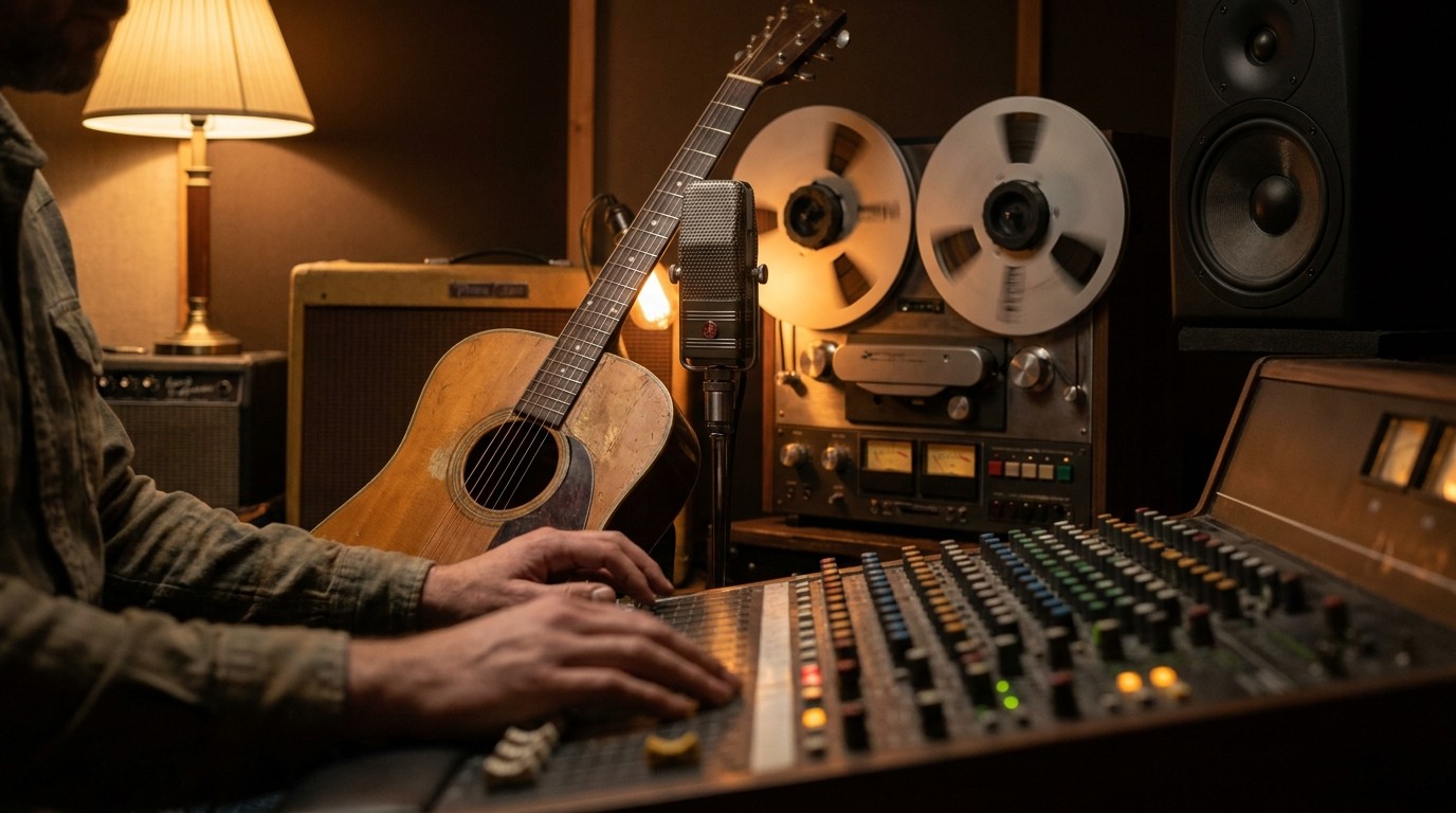 Tonstudio mit Akustikgitarre, Bandmaschine, Mikrofon und Händen am Mischpult im warmen Licht.