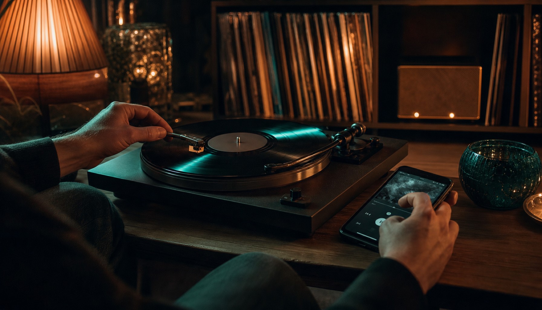 Hand legt Tonarm auf eine Schallplatte, daneben steuert eine zweite Hand Musik am Smartphone.