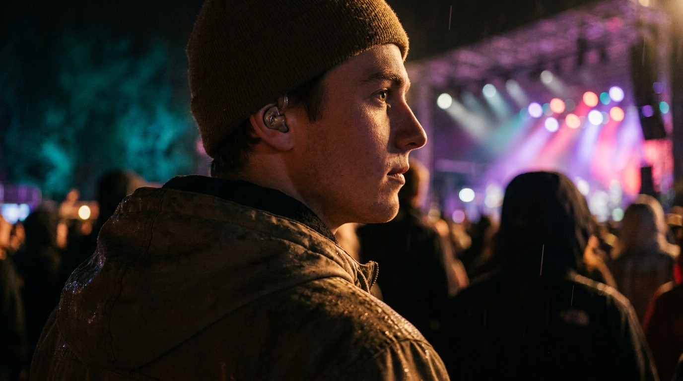 KI-generiertes Beitragsbild zum Artikel Gehörschutz am Festival: Bass spüren, Ohren schützen