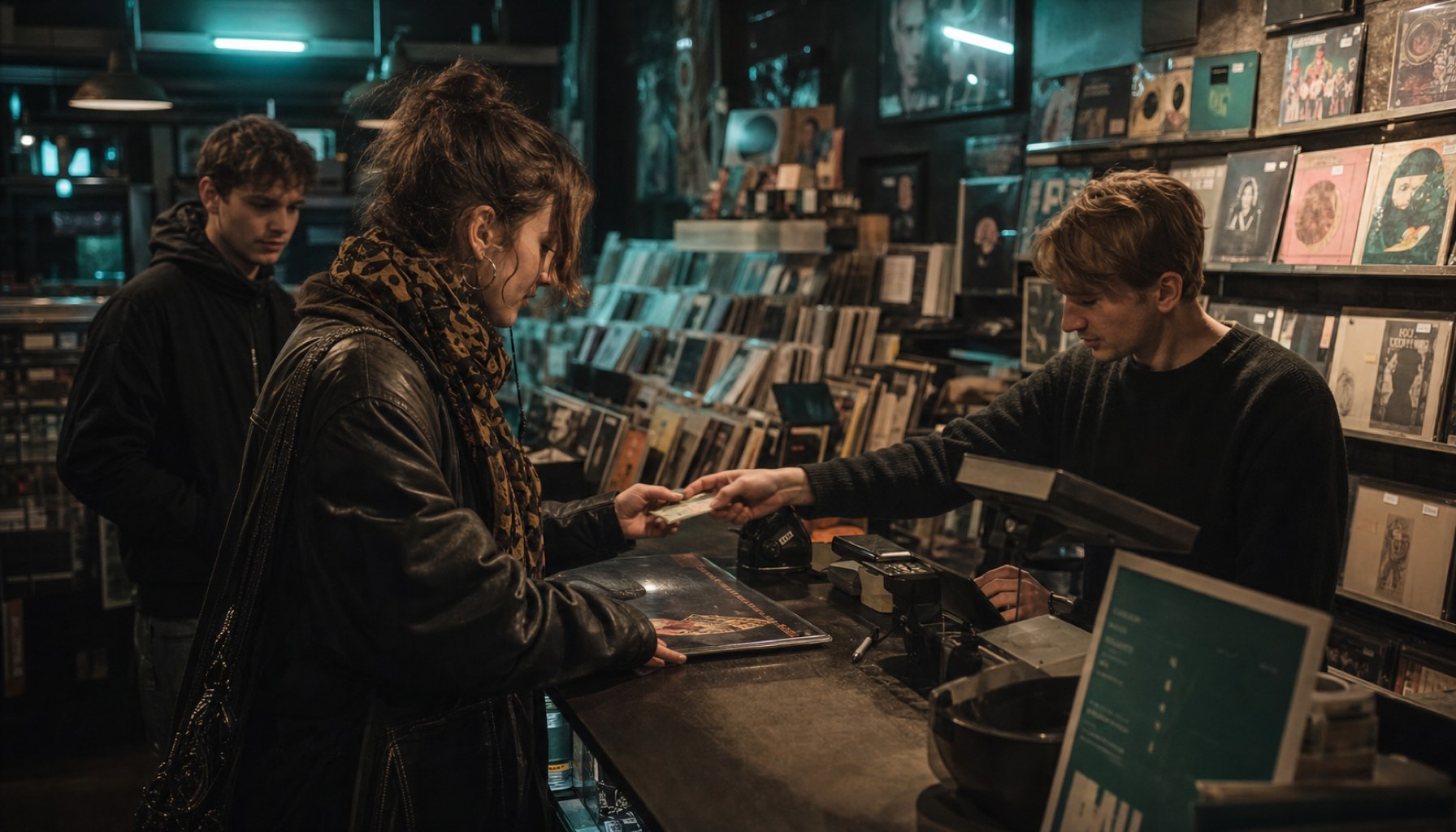 Junge Kundin kauft eine Vinylplatte in einem Plattenladen, während eine weitere Person in der Schlange wartet.