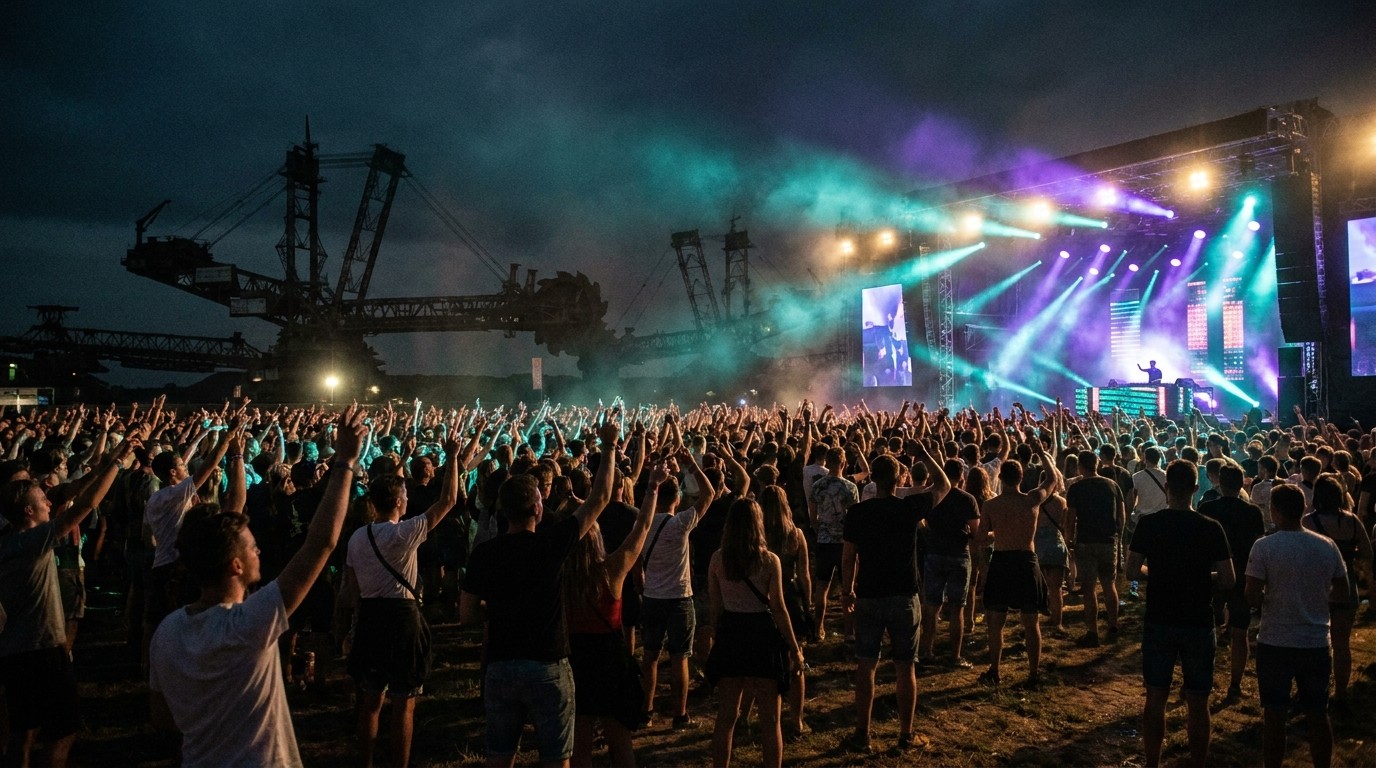 KI-generiertes Beitragsbild zum Artikel splash! in Ferropolis: warum die Stadt aus Eisen das Festival macht