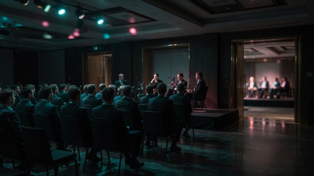 Publikum verfolgt eine Podiumsdiskussion mit vier Personen in einem abgedunkelten Konferenzraum