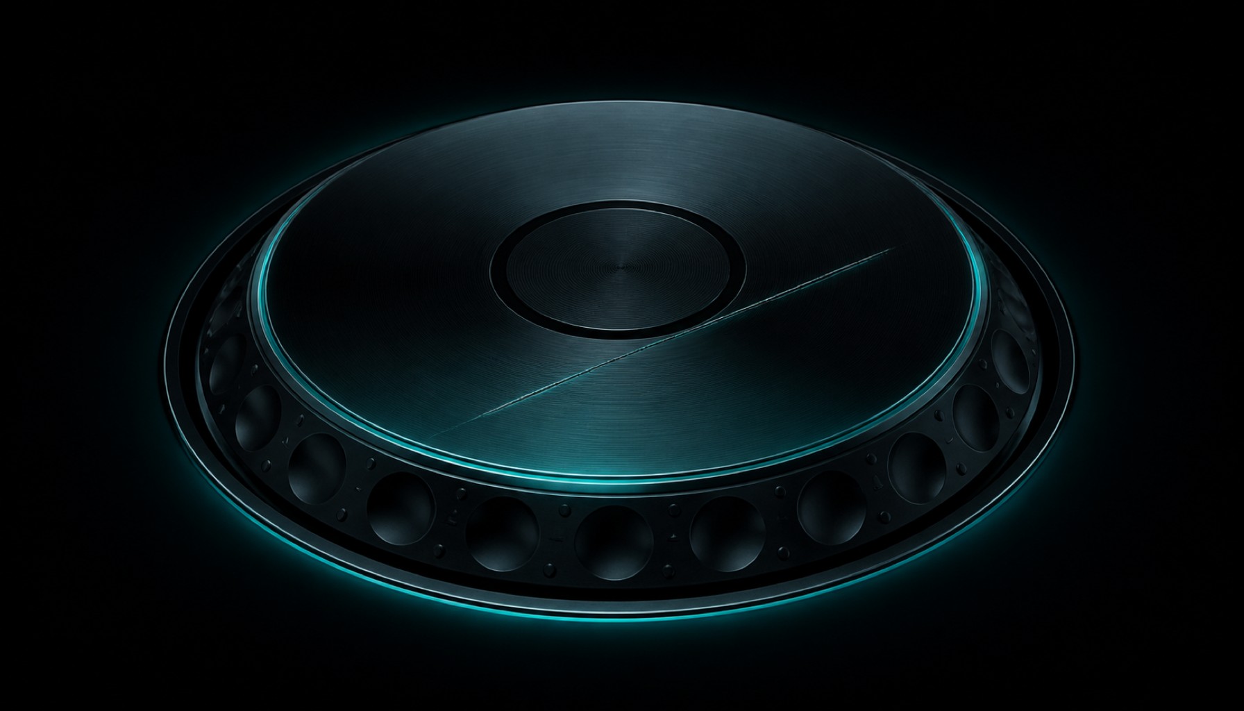 CDJ-Jogwheel mit Kratzer auf Schwarz und Teal-Glow (KI-generiert)