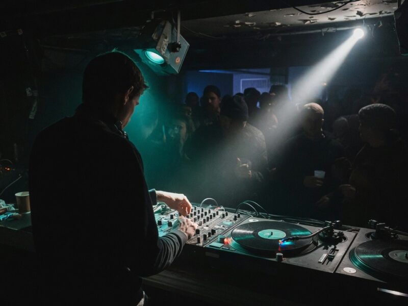 Dunkle DJ-Booth mit zwei Plattenspielern und Mixer im Clubnebel (KI-generiert)