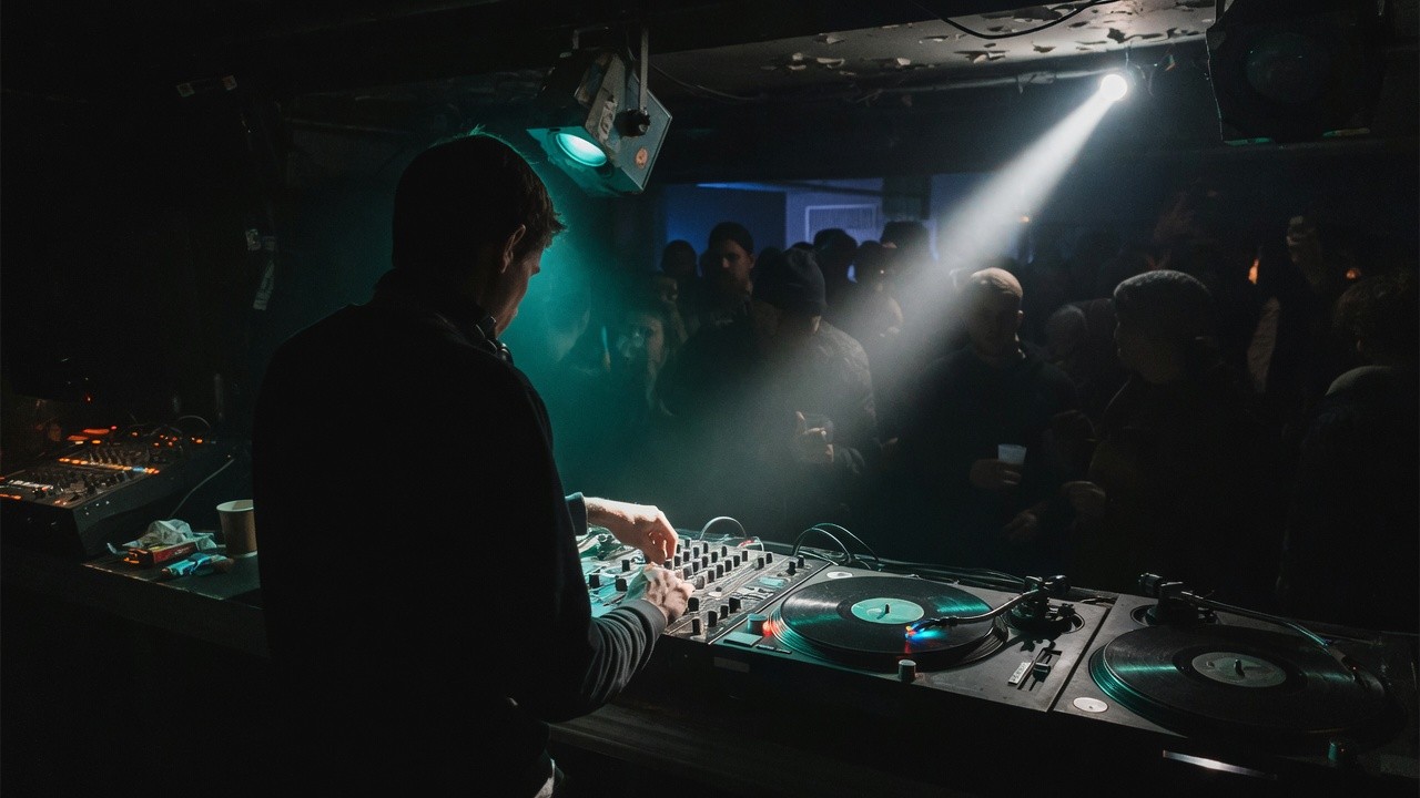 Dunkle DJ-Booth mit zwei Plattenspielern und Mixer im Clubnebel (KI-generiert)