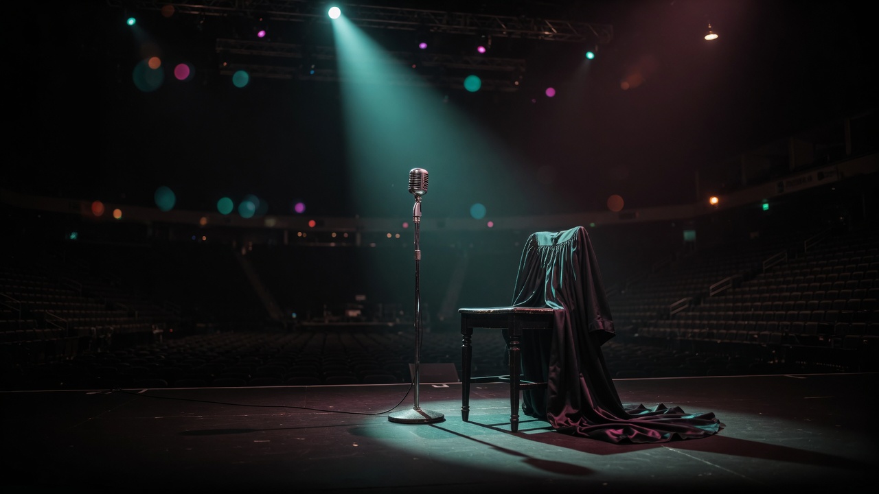 Ein einzelnes silbernes Standmikrofon im Lichtkegel einer leeren Arena, schwarzes Konzertkleid über einem Klavierhocker daneben, kühles Bühnenlicht in Türkis und Schwarz