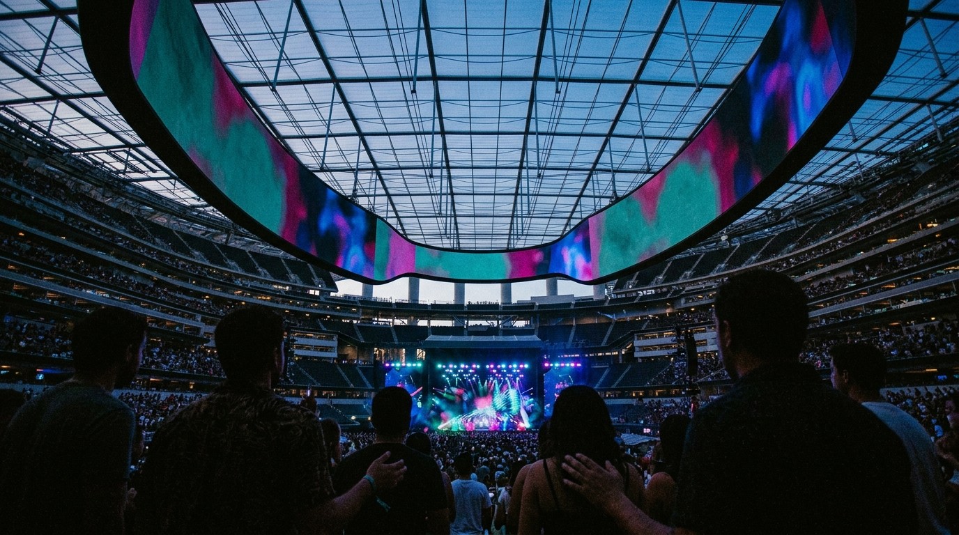 Ausverkauftes SoFi Stadium in Inglewood bei einer BTS-Nacht der Arirang-Tour, Publikum vor Bühne und ovalem LED-Screen (KI-generiert)