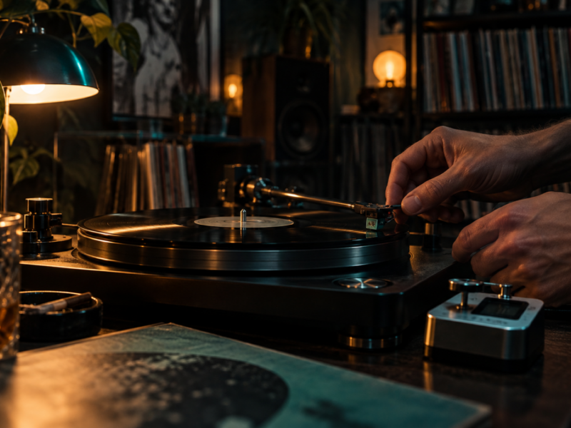 Documentary night photo in a dim home listening room: two hands carefully lowering a tonearm onto a spinning black vinyl record, a small stylus-force gauge beside the platter, warm teal lamp glow, rec