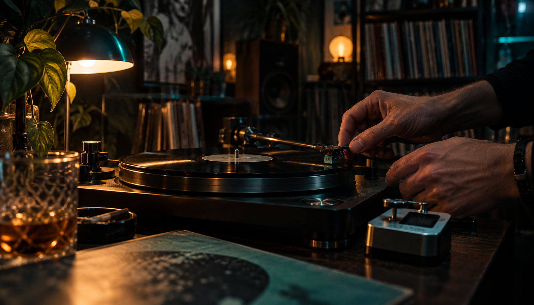 Documentary night photo in a dim home listening room: two hands carefully lowering a tonearm onto a spinning black vinyl record, a small stylus-force gauge beside the platter, warm teal lamp glow, rec