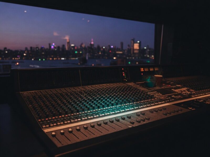 Mischpult in einem Tonstudio bei Nacht, dahinter die Skyline von Manhattan (KI-generiert)
