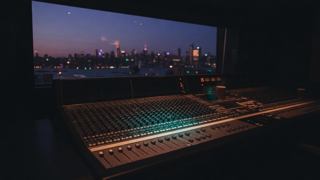 Mischpult in einem Tonstudio bei Nacht, dahinter die Skyline von Manhattan (KI-generiert)