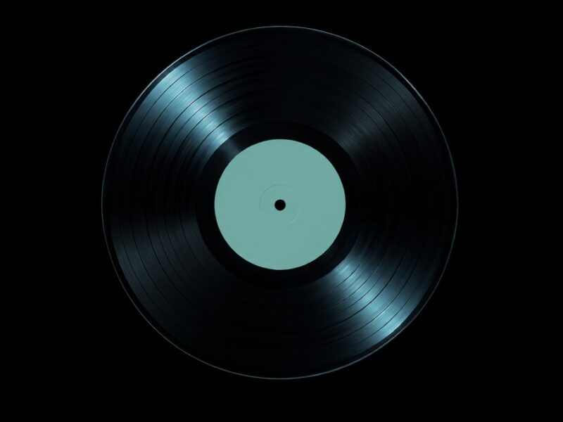 Vinyl-Schallplatte auf dunklem Teal (KI-generiert)