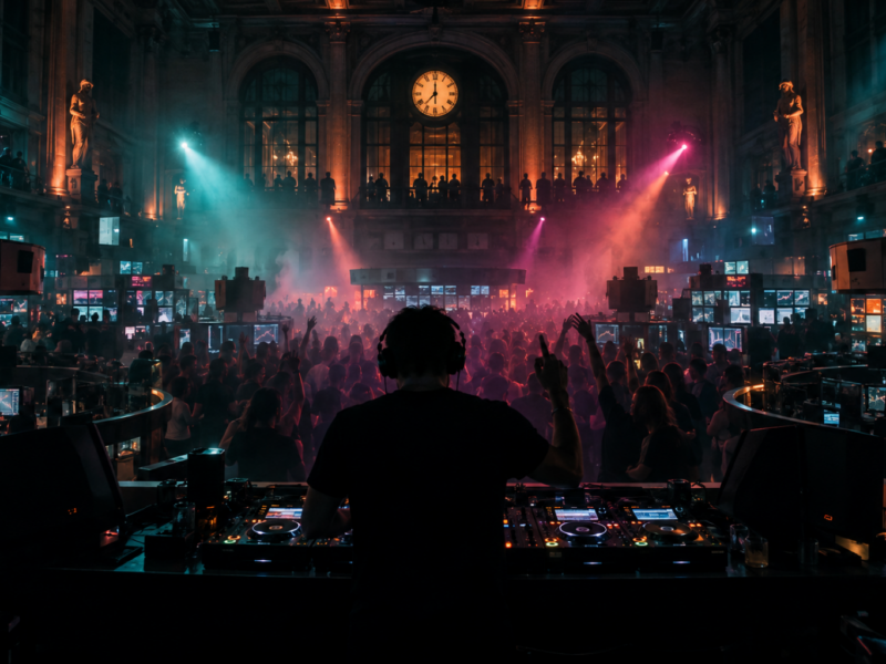 Documentary night photo: a DJ booth set up on a historic stock exchange trading floor, traders' screens glowing in the background, a crowd dancing between trading posts, club lighting and haze, DJ see