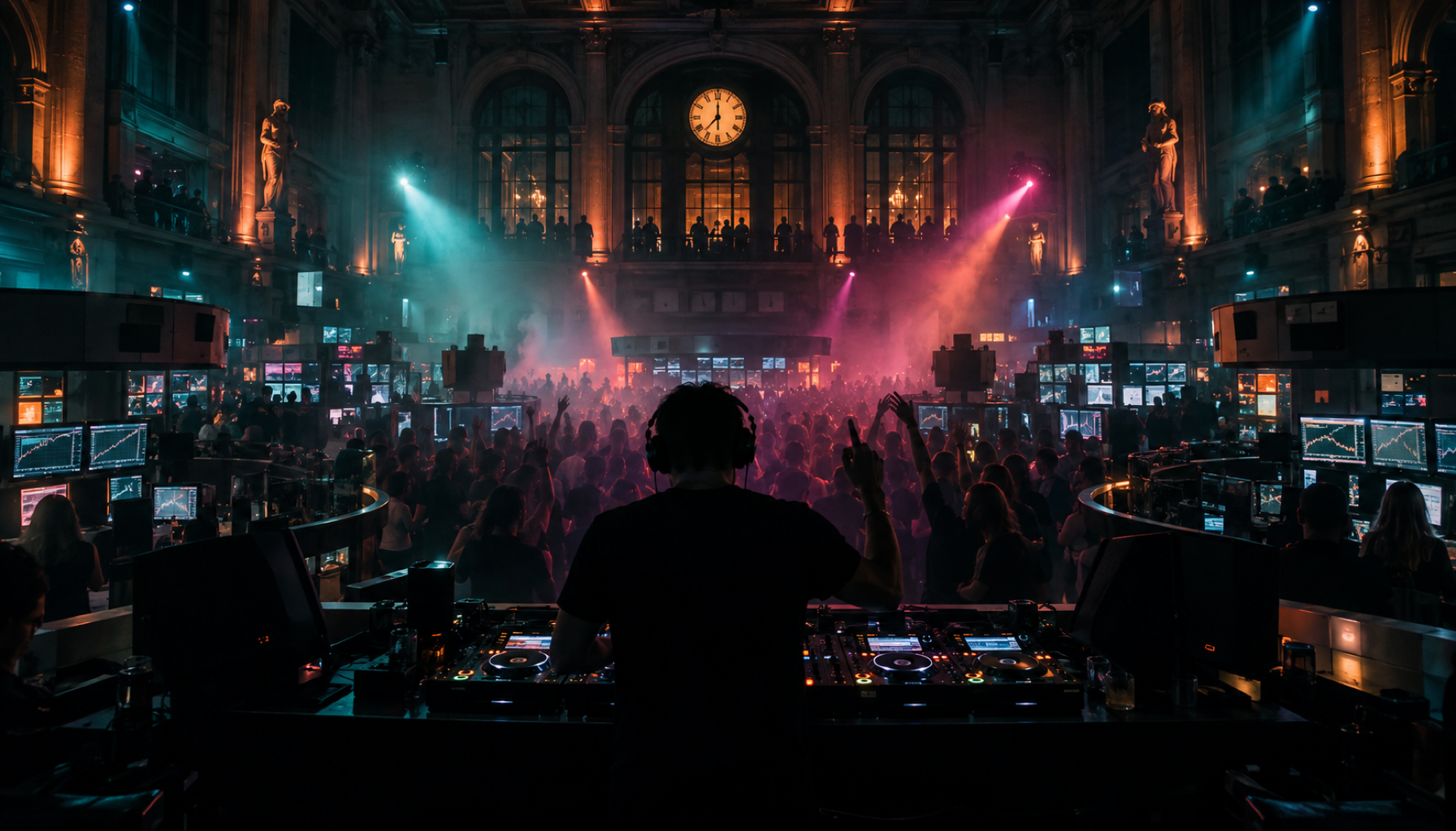 Documentary night photo: a DJ booth set up on a historic stock exchange trading floor, traders' screens glowing in the background, a crowd dancing between trading posts, club lighting and haze, DJ see