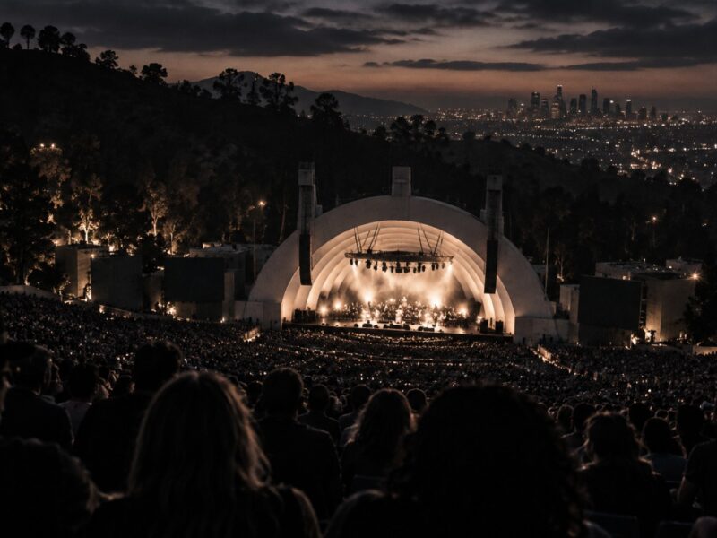 Hollywood Bowl in Los Angeles zur blauen Stunde, beleuchtete Muschelbühne vor vollem Rang (KI-generiert)