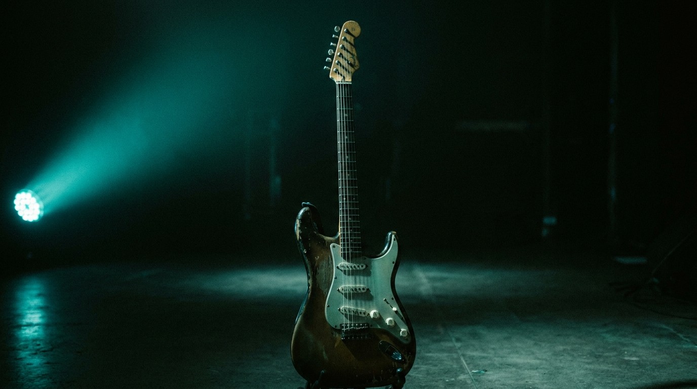 E-Gitarre im Teal-Licht auf dunkler Bühne (KI-generiert)