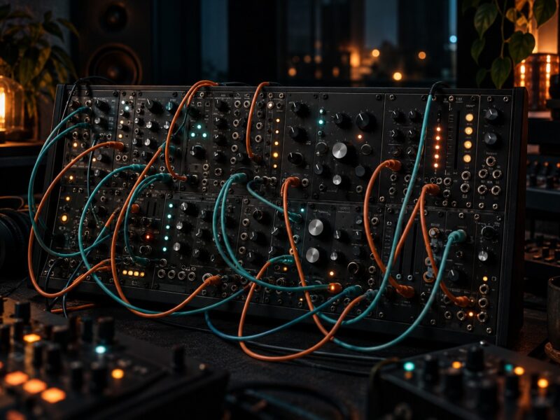 Großes modulares Synthesizer-Panel mit Drehreglern, Buchsen und orangefarbenen sowie türkisfarbenen Kabeln
