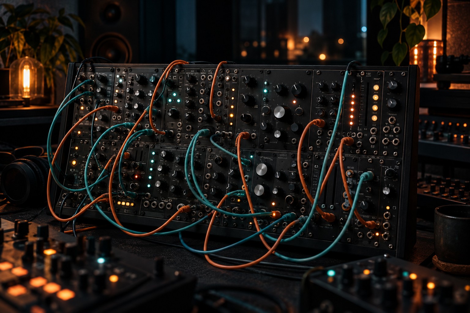 Großes modulares Synthesizer-Panel mit Drehreglern, Buchsen und orangefarbenen sowie türkisfarbenen Kabeln